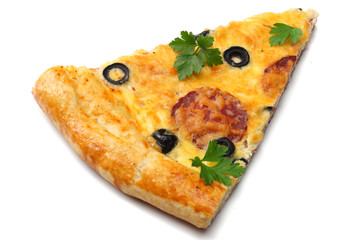 Piece of pizza with olives isolated on white background. top view