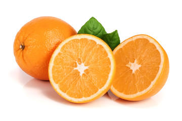 Orange with slice with leafs isolated on the white background