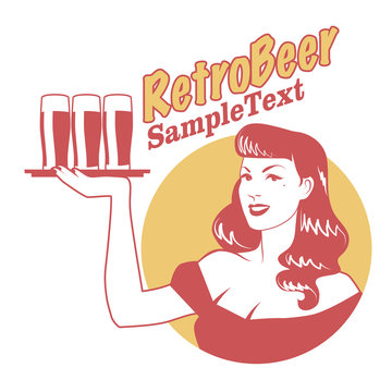 Retro emblem of pinup girl carrying a tray with beer