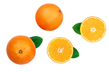 Orange with slice and leaf isolated on the white background. Flat lay pattern. Top view