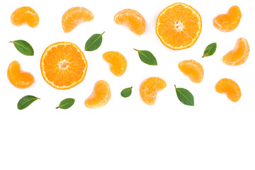 slices of tangerine with leaves isolated on white background with copy space for your text. Flat lay, top view.
