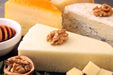 Different types of cheeses on board with walnut and grapes