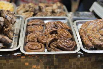 Street food, sausages and shish kebab