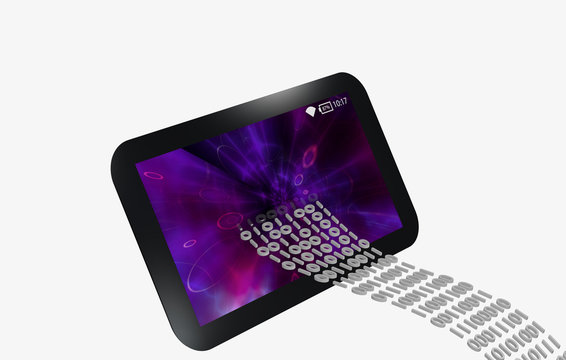Datentransfer in ein schwarzes Tablet mit lila Bildschirm.