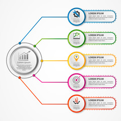 Modern vector illustration 3d. A circular infographic template with five elements and a circle in the center. Contains icons and text. Designed for business, presentations, diagrams with 5 steps