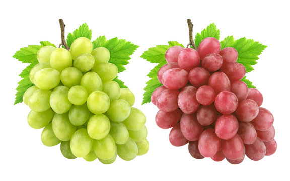 Red and green grape with leaves isolated on white background. Collection