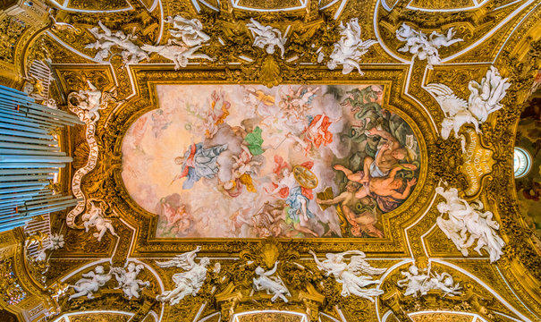 The ornate ceiling of the Church of Santa Maria della Vittoria in Rome, Italy.