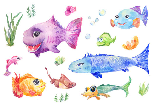 Cartoon watercolor fishes,sea illustration © Viktoriia Manuilova