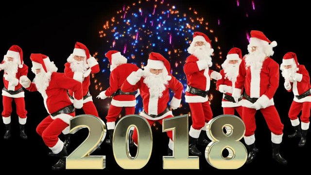Bunch of Santa Claus Dancing and 2018 sign with fireworks