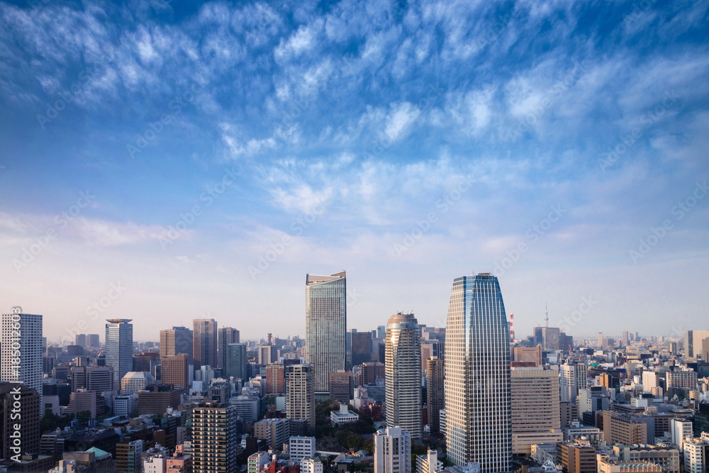 Wall mural landscape of tokyo city skyline in aerial view with skyscraper, modern office building and blue sky 