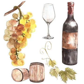 Wine set. Winemaking products in sketch style. Watercolor illustration with barrel, glass, grape twig. Classical alcoholic drink.