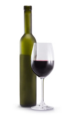 A bottle of wine and a glass isolated on a white background