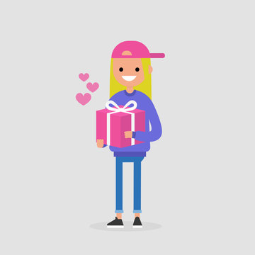Saint Valentines Day. Young female character holding a decorated wrapped gift box. Love. Relationships. Flat editable vector illustration, clip art