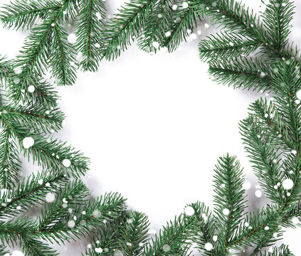 Christmas fir tree frame and snow on white background. Free space