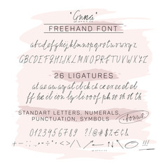 Handwritten freehand (free hand) font, including numbers, symbols, punctuation, ligatures and hand drawn arrows