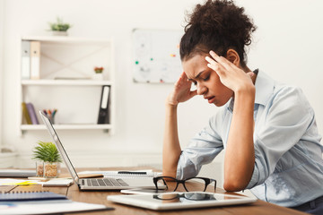 Tired business woman at office copy space