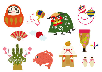 日本文化。ラッキーチャーム。縁起物。正月用。アイコン。素材集。