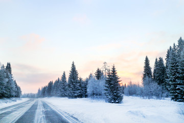 Winter forest road, christmas in Finland