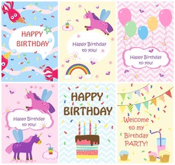 Happy birthday greeting cards templates and party invitations for kids, set of postcards, vector illustration.