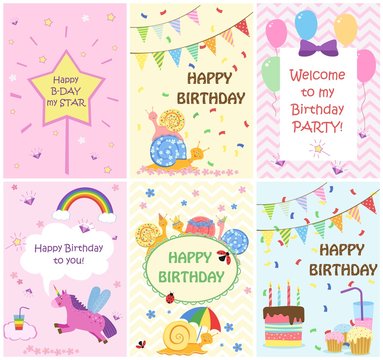 Happy birthday greeting cards templates and party invitations for kids, set of postcards, vector illustration.