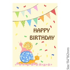 Greeting card for children happy birthday. Funny snail and colorful festive banners. Joy, happiness, children. Vector illustration.