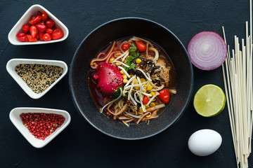 ramen homemade recipe. Traditional Chinese meal preparation. Fast food noodle nutrient dish