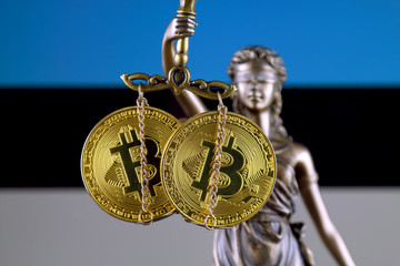Symbol of law and justice, physical version of Bitcoin and Estonia Flag. Prohibition of...