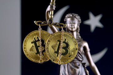 Symbol of law and justice, physical version of Bitcoin and Pakistan Flag. Prohibition of...
