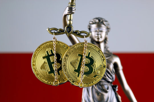 Symbol of law and justice, physical version of Bitcoin and Poland Flag. Prohibition of cryptocurrencies, regulations, restrictions or security, protection, privacy.