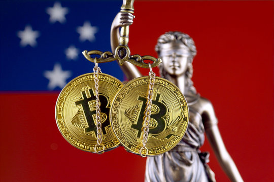 Symbol of law and justice, physical version of Bitcoin and Samoa Flag. Prohibition of cryptocurrencies, regulations, restrictions or security, protection, privacy.