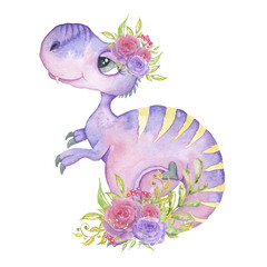 Watercolor Dinosaur Isolated on a White Background Hand Drawn Illustration