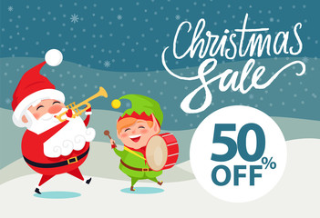 Christmas sale 50 off promo poster Santa and Elf