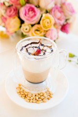 hot and delicious cappuccino coffee concept. restaurant drinks. professional barista work.