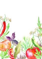 Pattern of a spices and herbs.Vegetables for canning.Picture of a pepper, garlic, tomato,rocket, bay leaf, cloves,allspice.Ingredients for cooking.Watercolor hand drawn illustration.White background.