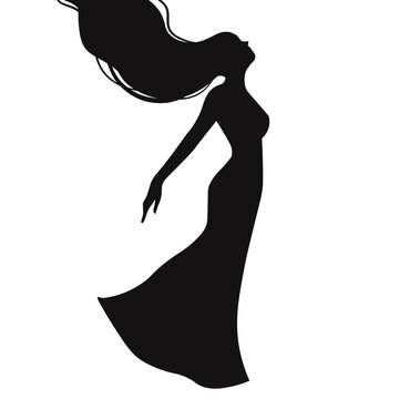 Silhouette of a female figure, hair fluttering in waves. Woman in evening dress.