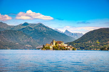 Orta Lake landscape. Orta San Giulio village and island Isola S.Giulio view, Italy © stevanzz
