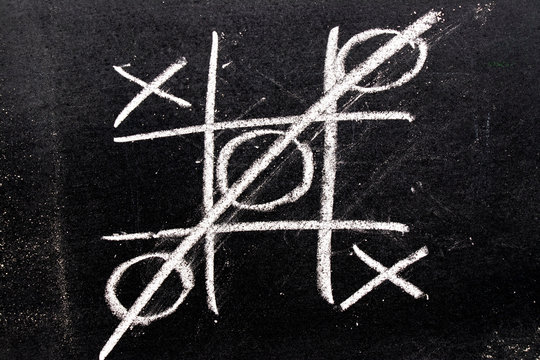 White color hand drawing as tic tac toe game shape on blackboard background