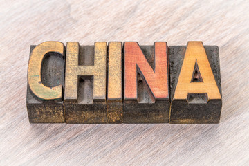 Fototapeta na wymiar China word in vintage wood type