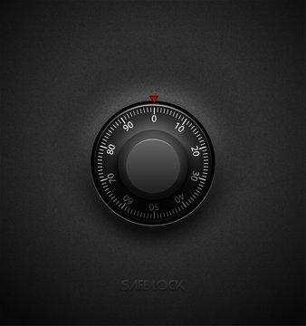 Realistic combination safe lock volume element on textured plastic black background. White round scale. Vector security icon or dark design element