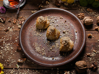 Baklava traditional oriental dessert. Sweet turkish food background concept