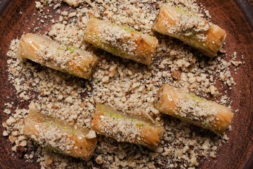 Baklava traditional oriental dessert. Sweet turkish food background concept
