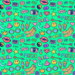 Naklejka premium Patch badges pattern doodles social media background green 2