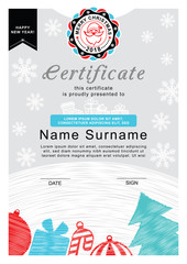 Obraz premium Christmas certificate. Santa on the badge, christmas tree and decoration. Simple draw. Merry Christmas background
