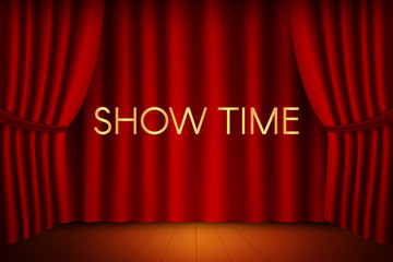 Theater stage with curtain and show time inscription. Vector illustration design.