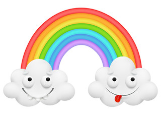 Cute couple cloud cartoon character and a rainbow