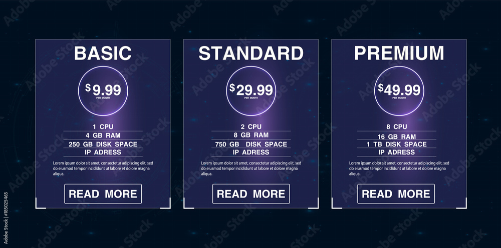 Poster three banners. pricelist, hosting plans and web design boxes of banners. banners for tariffs and pri