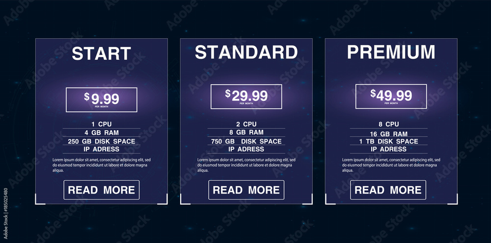 Poster three banners. pricelist, hosting plans and web design boxes of banners. banners for tariffs and pri
