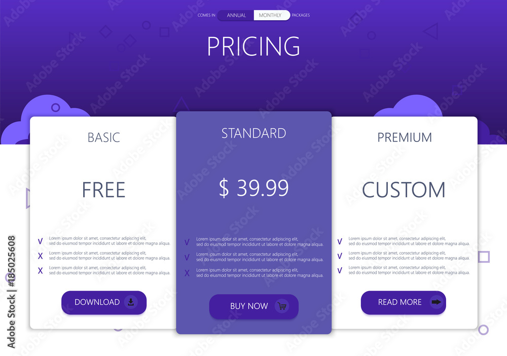 Poster three banners. pricelist, hosting plans and web design boxes of banners. banners for tariffs and pri