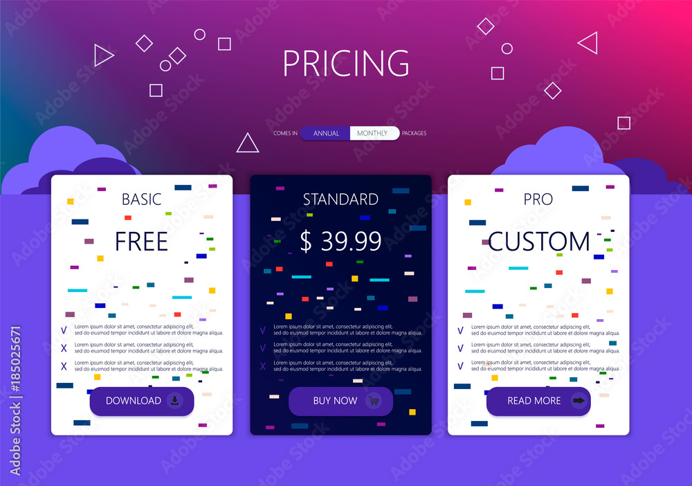 Poster three banners. pricelist, hosting plans and web design boxes of banners. banners for tariffs and pri