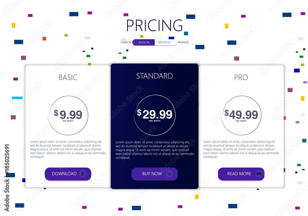 Poster three banners. pricelist, hosting plans and web design boxes of banners. banners for tariffs and pri